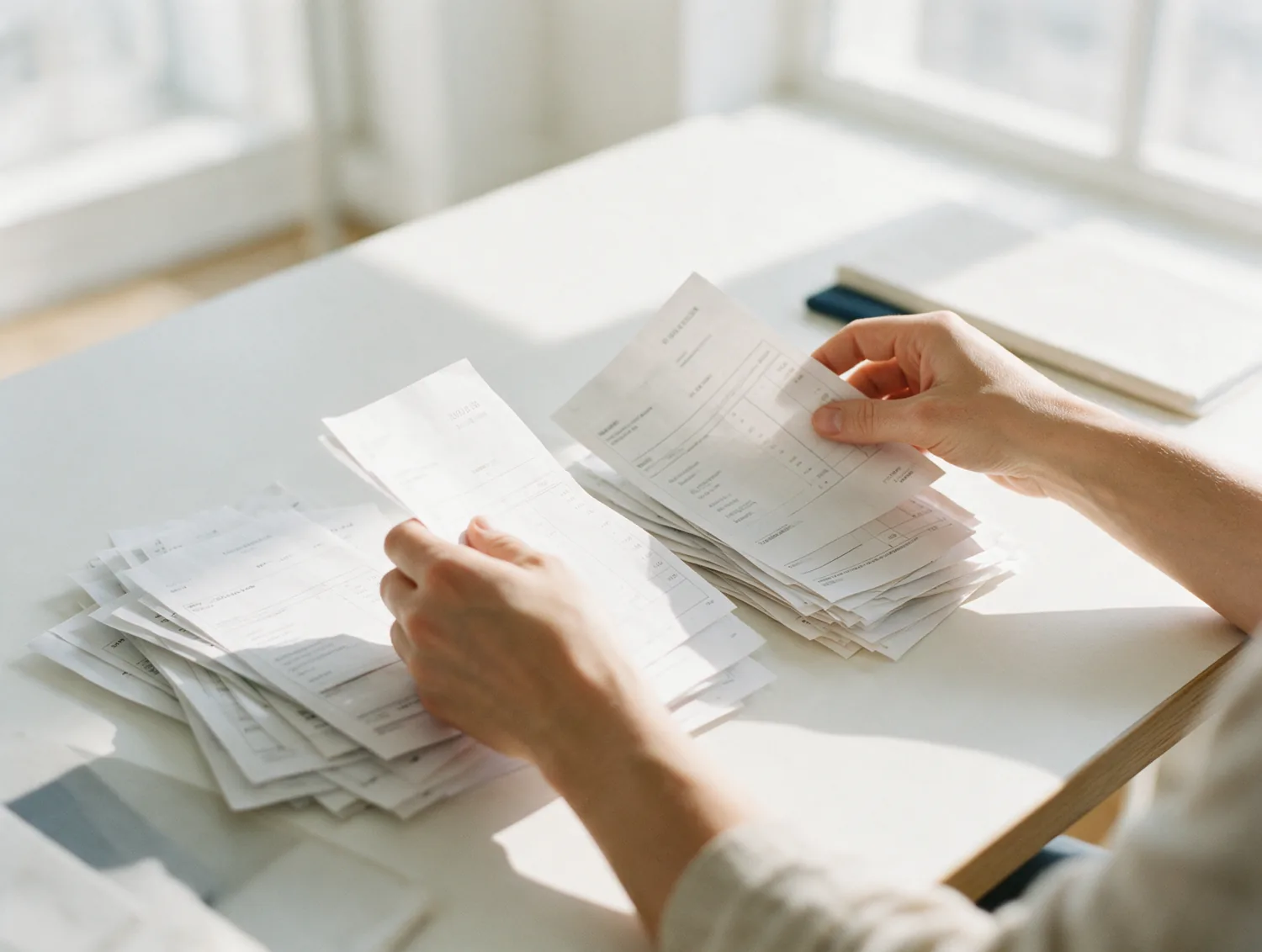 Hands sorting printed invoices into two piles on a desk