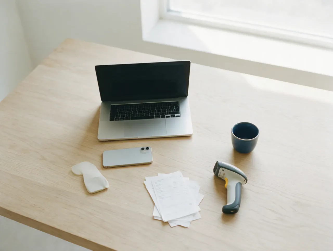 A laptop, phone, dispatch paperwork and a barcode scanner laid out on a desk